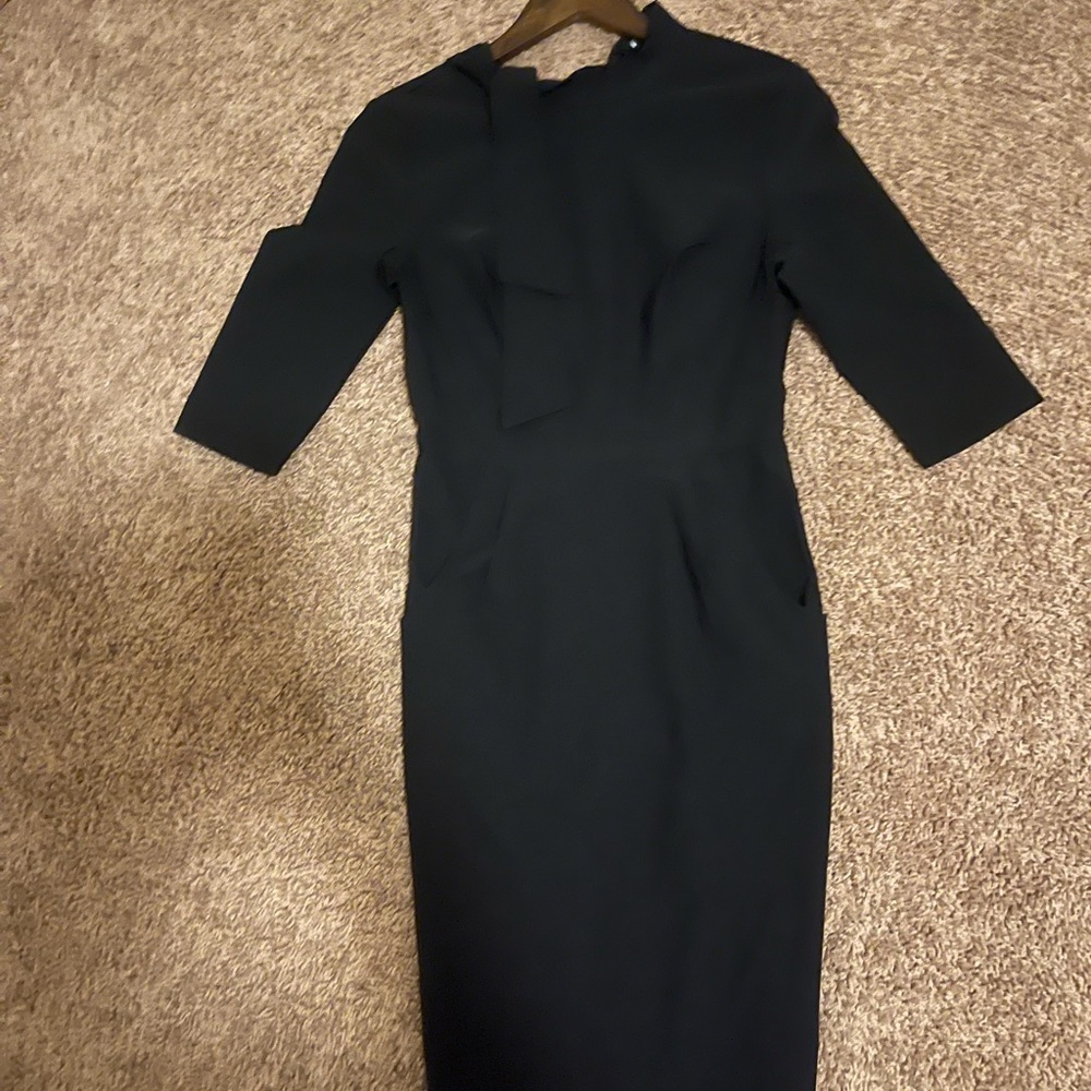 Chic Black Sheath Dress with Mock Neck and 3/4 Sleeves